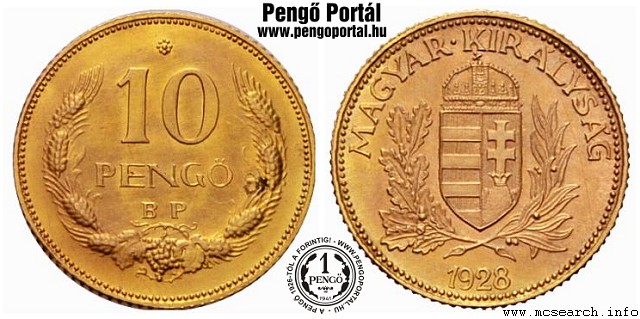 1928-as aranyozott sárgaréz 10 pengő próbaveret tervezet