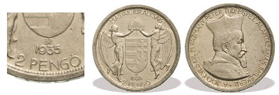 1935-s prbaveret ezst 2 peng - A 300 ves Kir M Pzmny Pter Tud Egyetem Alaptsnak Emlkre Pzmny portrval