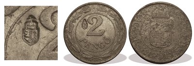 1942-es rongált hamis magyar címerrel ellenjegyzett alumínium 2 pengős