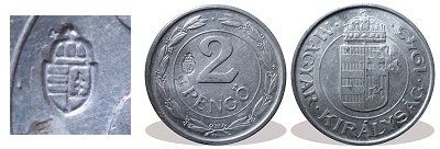 1943-as rongált hamis magyar címerrel ellenjegyzett alumínium 2 pengős