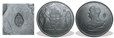 1943-as rongált hamis magyar címerrel ellenjegyzett alumínium 5 pengős
